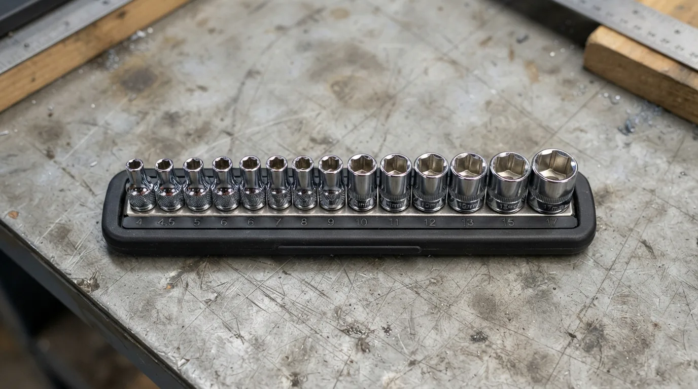 1/4 inch drive metric magnetic socket holder loaded with sockets.