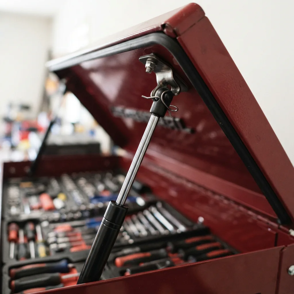 Close-up detail of a new gas strut attached to the lid of a US General tool box, demonstrating stable, supported lift for easy access to the top compartment.