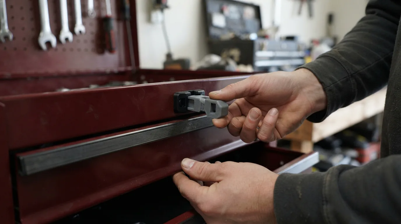 An upgraded PETG drawer latch being installed into the front of a US General tool cart drawer, showing the latch's secure engagement mechanism.