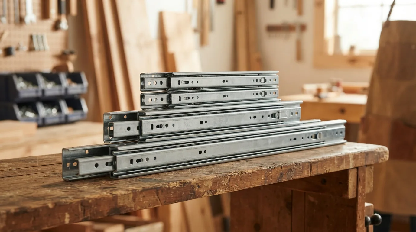 Multiple sizes of Heavy Duty Drawer Slides Full Extension Runners stacked for comparison.