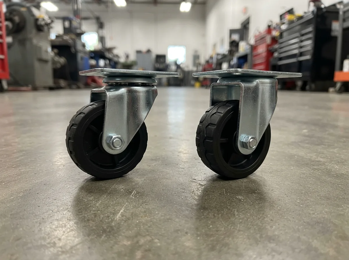 A complete replacement caster set for US General tool storage, including both swivel and fixed casters with polyurethane treads, displayed on a workshop floor.