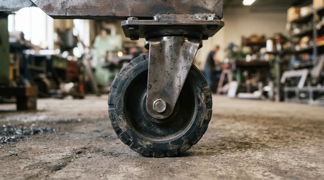 A close-up of a heavy-duty 5x2 inch caster wheel with a thick black rubber tread and solid steel bracket.