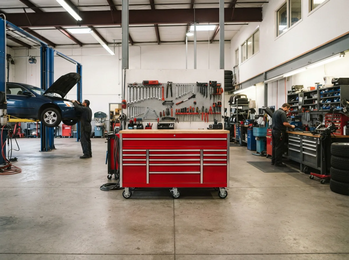 A secure US General tool storage setup in a professional automotive garage, showing locked drawers.
