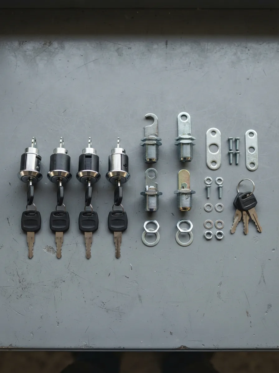 A complete set of US General tool box locks and keys arranged on a workbench.