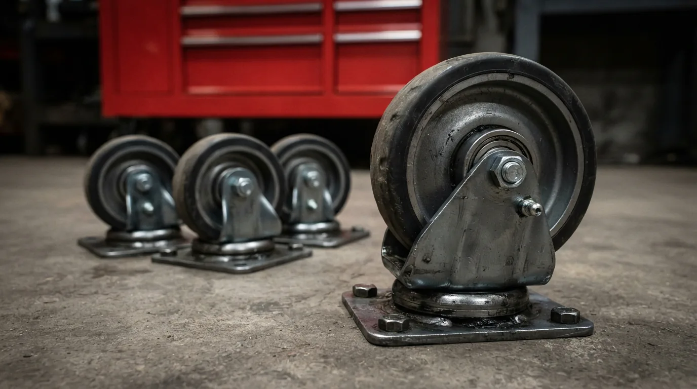 The US General Heavy-Duty Series 3 Caster Set, emphasizing the all-steel construction and bearings.