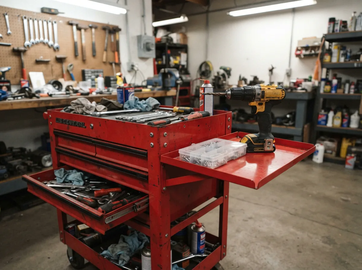 A red folding side tray attached to the side of a tool cart, holding a cordless drill.