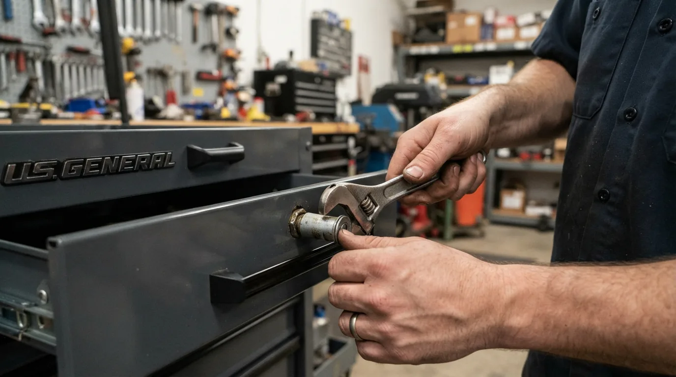 A person using a wrench to remove an old lock cylinder from a US General tool box drawer front.