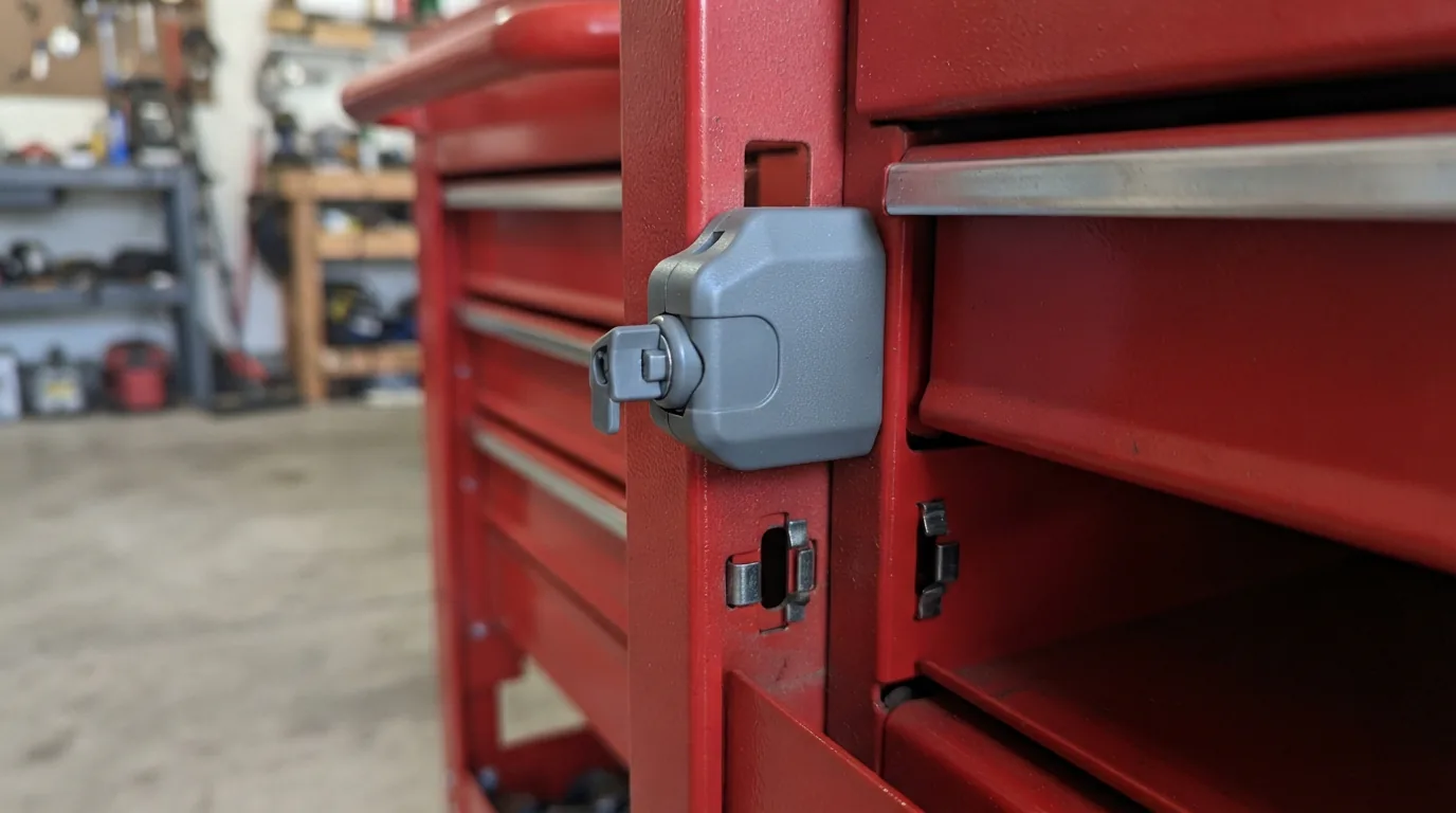 Close-up of a new plastic drawer lock installed in the side of a US General tool cart, contrasting with the empty lock slot on the adjacent drawer.