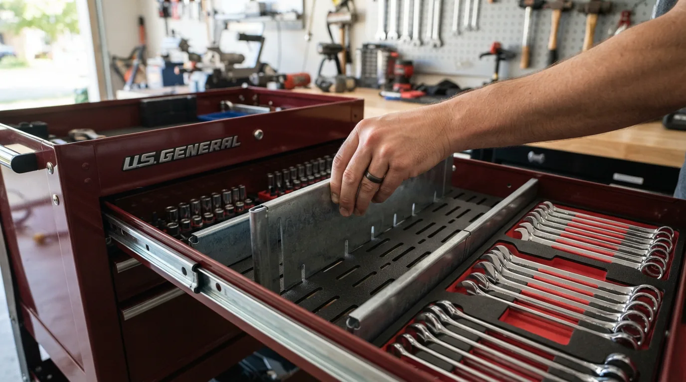 A metal drawer divider set being placed inside an open tool cart drawer.