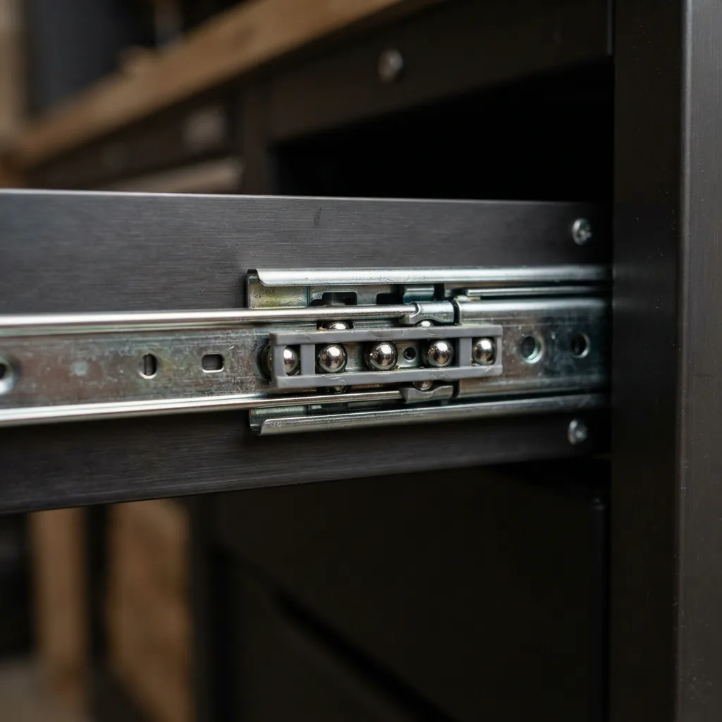 A close-up view of the ball-bearing mechanism inside a drawer slide.