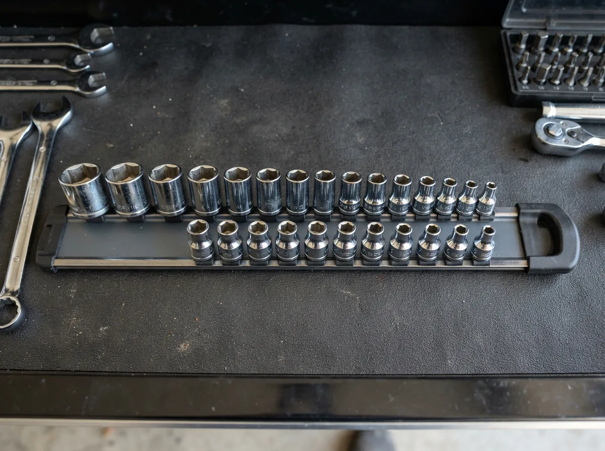 3/8 inch magnetic socket rail with sockets in a drawer.