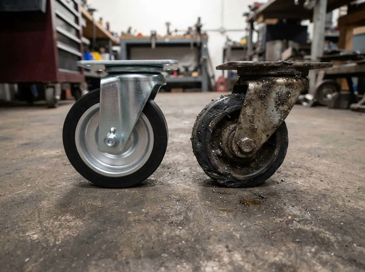 Close-up view of a heavy-duty replacement caster next to the original worn wheel on a US General rolling cabinet, highlighting the robust steel frame and polyurethane tread.