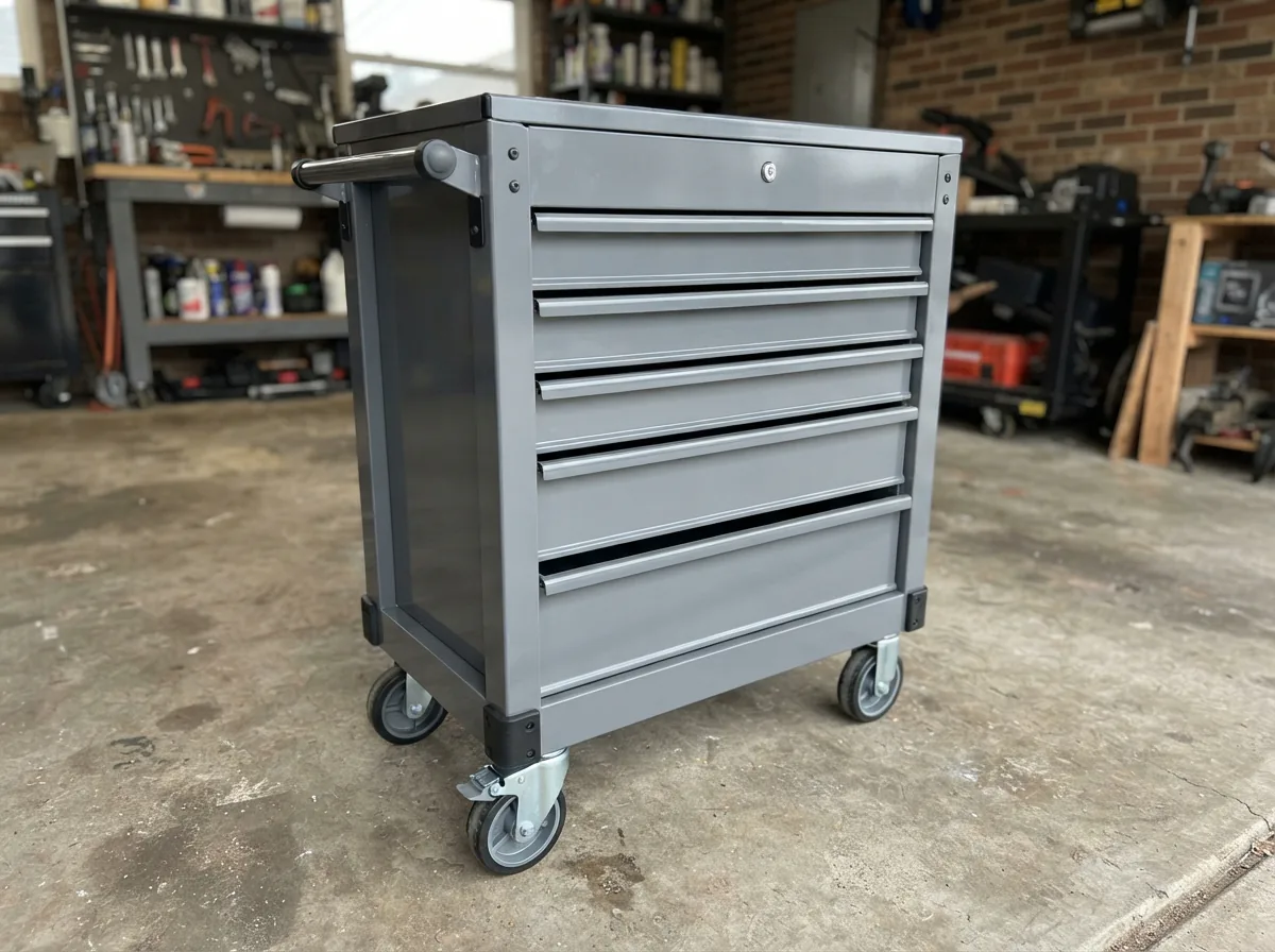 A gray US General 5-drawer tool cart with its original 4-inch caster wheels visible at the base.