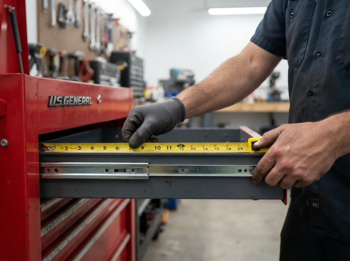 A mechanic's hands measuring the width of a drawer slide on a US General tool chest to verify compatibility before purchase.