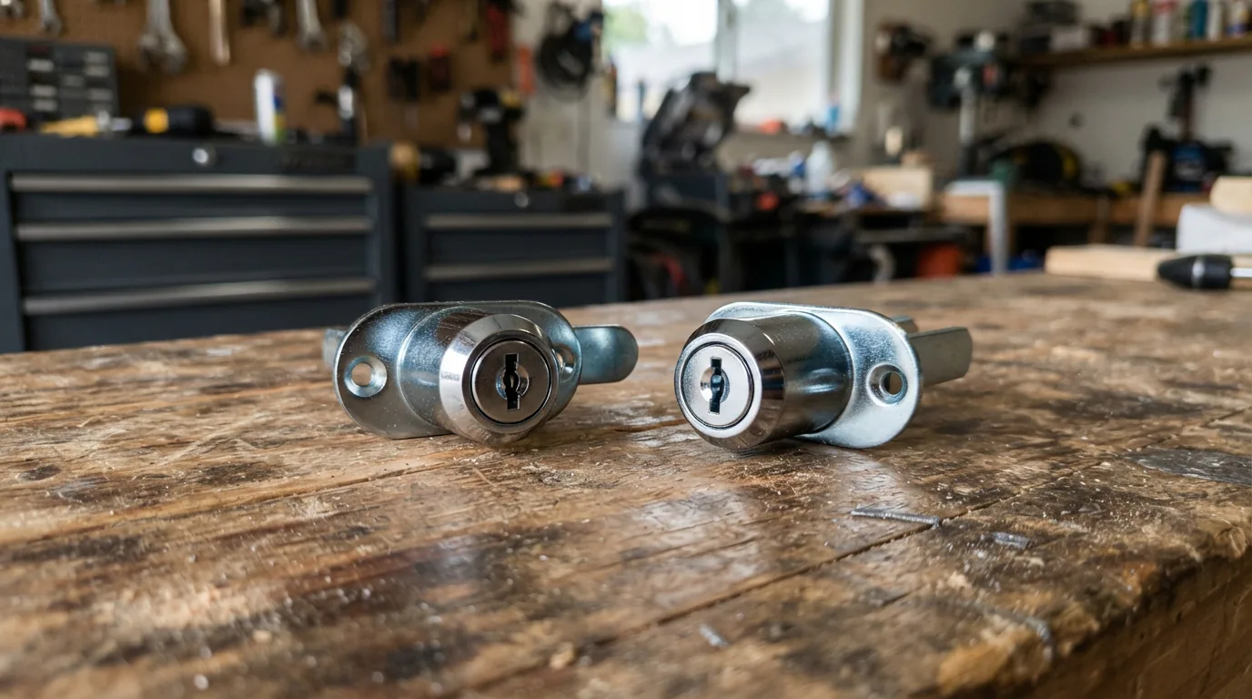 Two metallic drawer locks for a tool cart shown side by side.