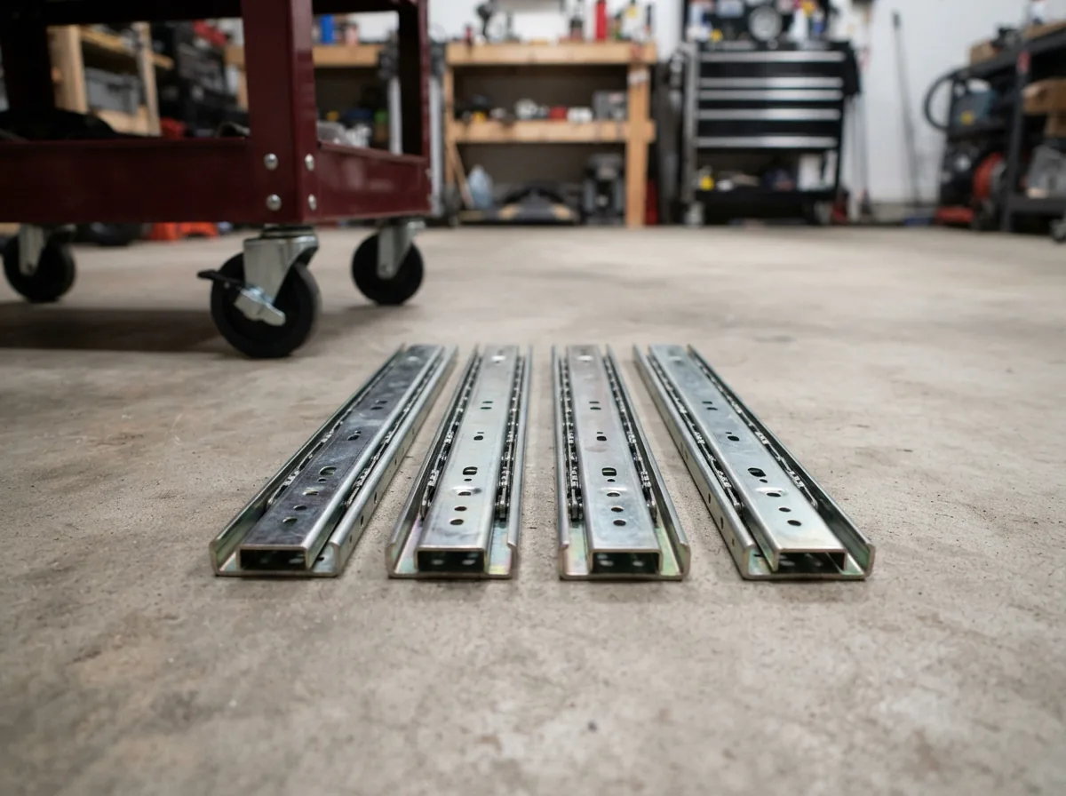 US General Tool Cart Slide Upgrade Set, two pairs of slides, on a garage floor.