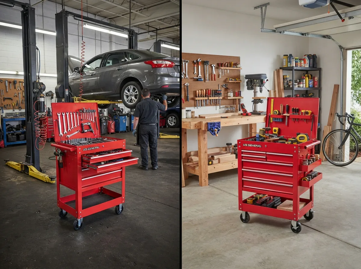 A side-by-side view in a workshop: on one side, a US General tool cart in a professional auto repair bay; on the other, a similar cart in a tidy home garage workshop.