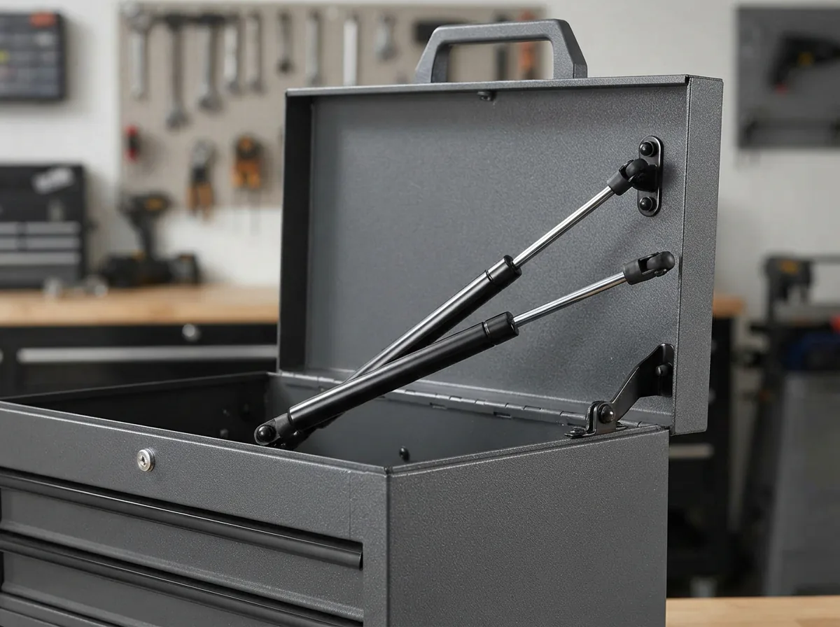 A set of US General Series 2 lift supports (gas springs) positioned next to a tool box lid, demonstrating their role in providing balanced lift force.