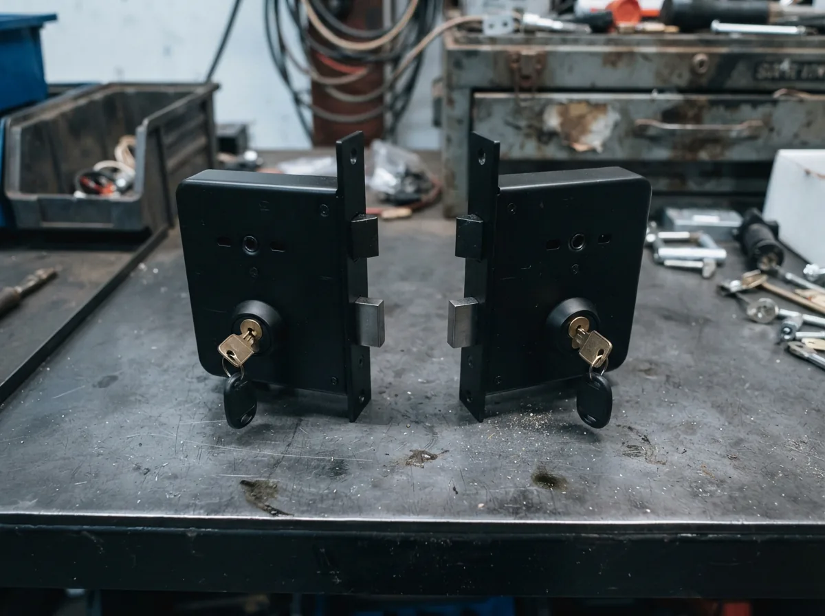 Two black keyed-alike mortise locks with their keys, arranged side by side.