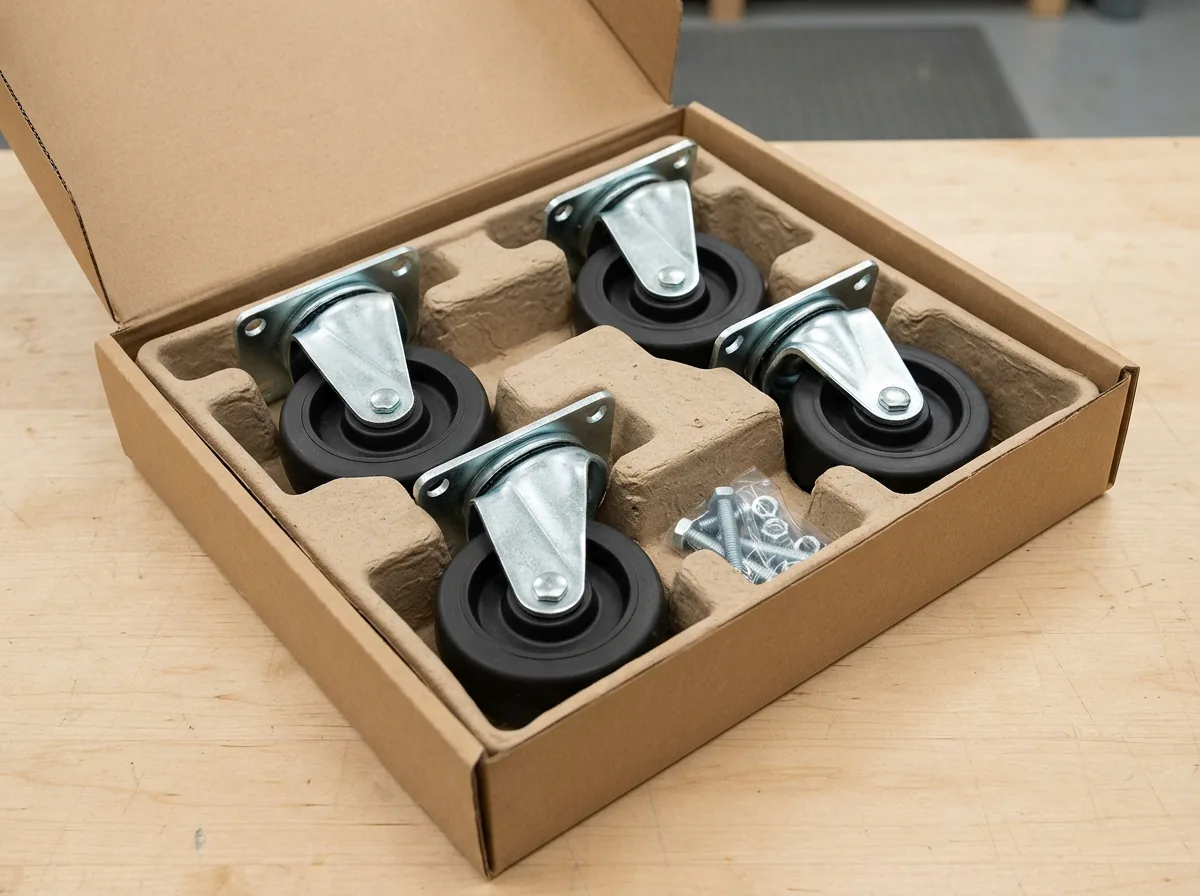 A complete set of four heavy-duty swivel casters with black wheels, neatly boxed for a tool cart upgrade.