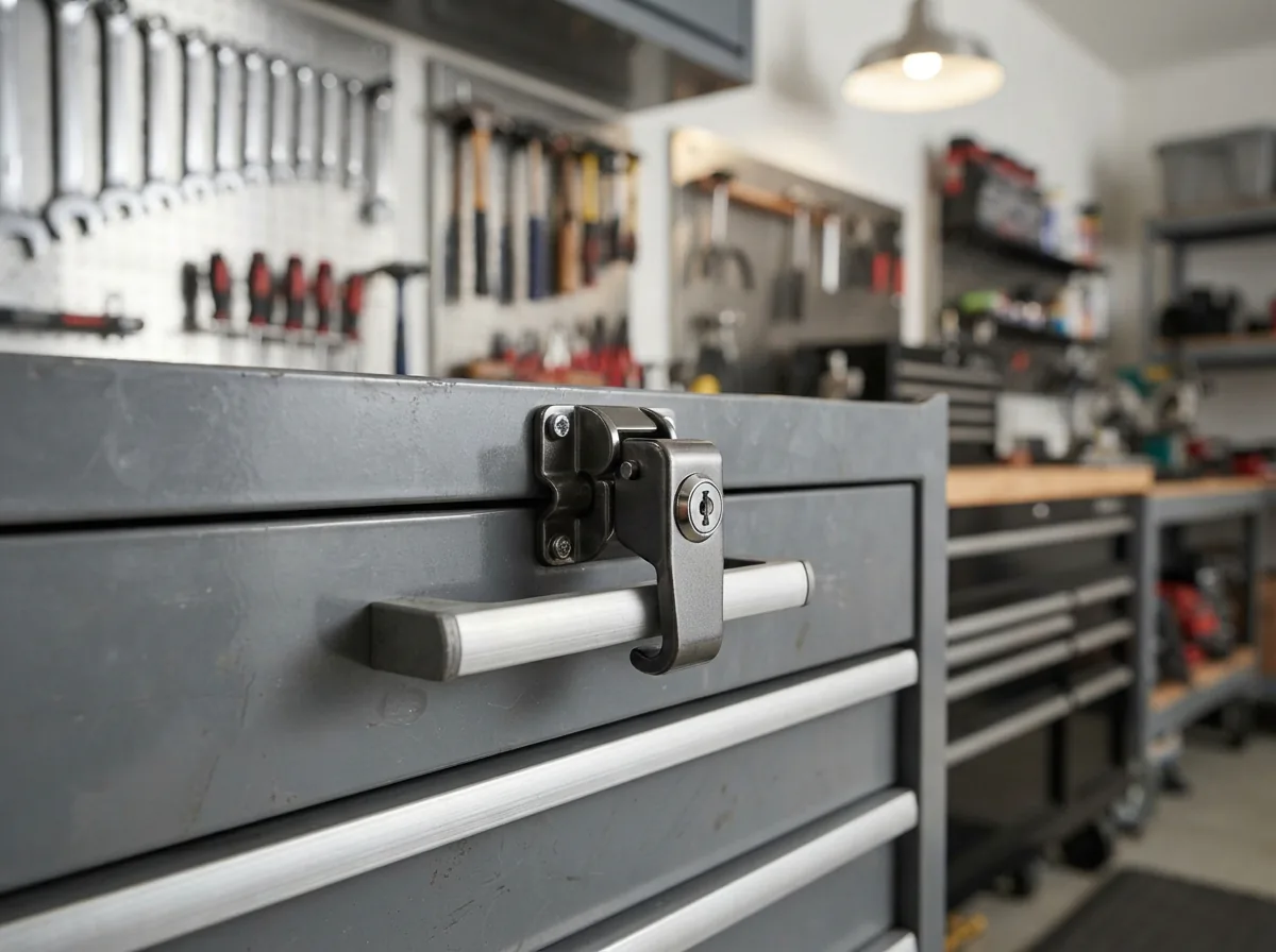 A security latch upgrade shown engaged on a workshop storage drawer handle.