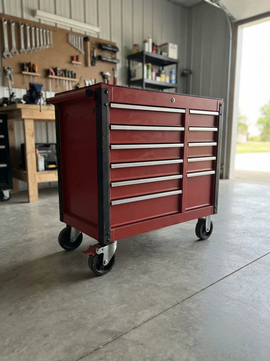 A US General rolling tool box equipped with a set of heavy-duty casters in a garage workshop.
