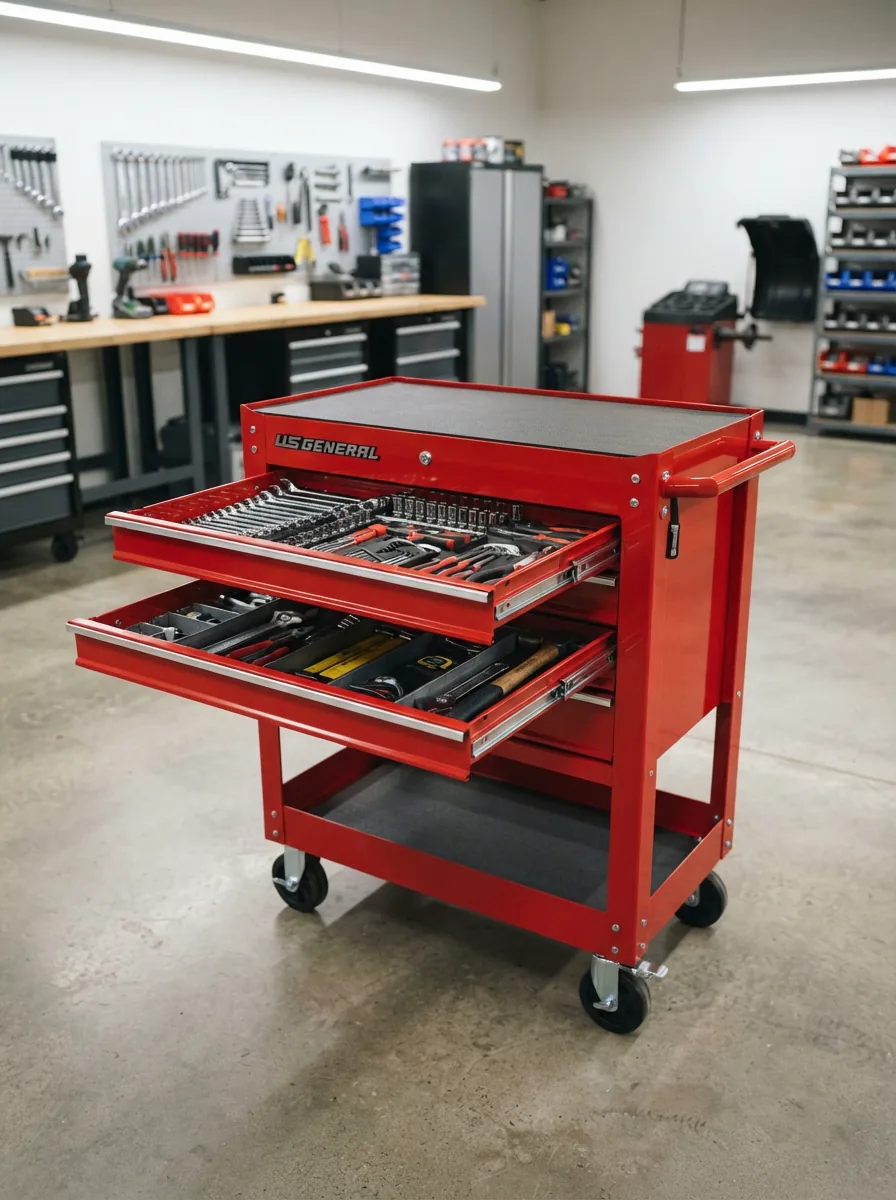 A fully organized US General 5 Drawer Tool Cart in a workshop, with drawers partially open showing tools and accessories.