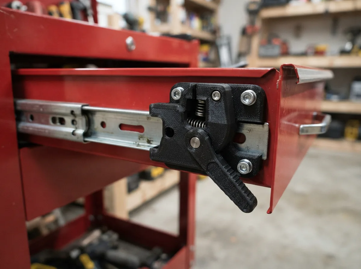 A close-up of a 3D printed PETG drawer lock mechanism installed on a drawer slide.