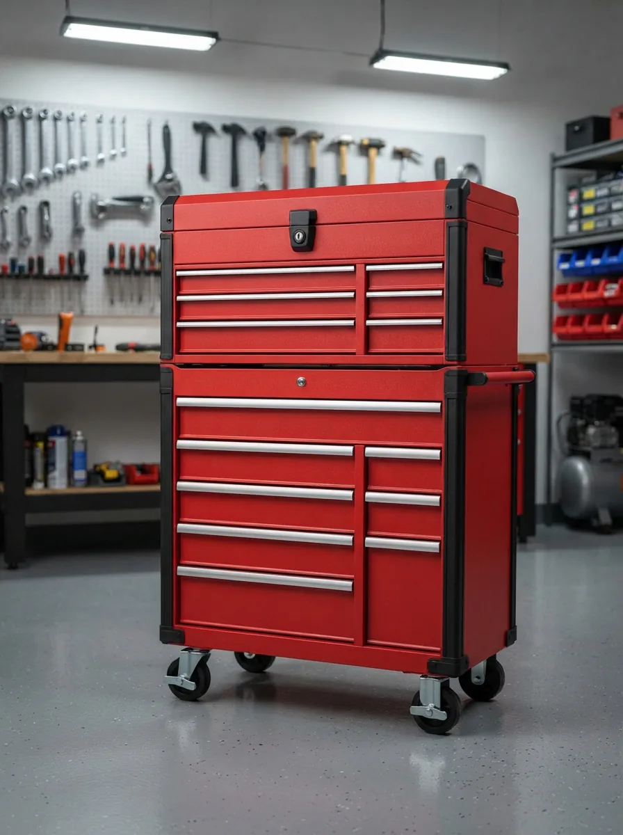 A full US General Series 3 tool cabinet with a secure lock visible on the top lid, set in a professional garage.