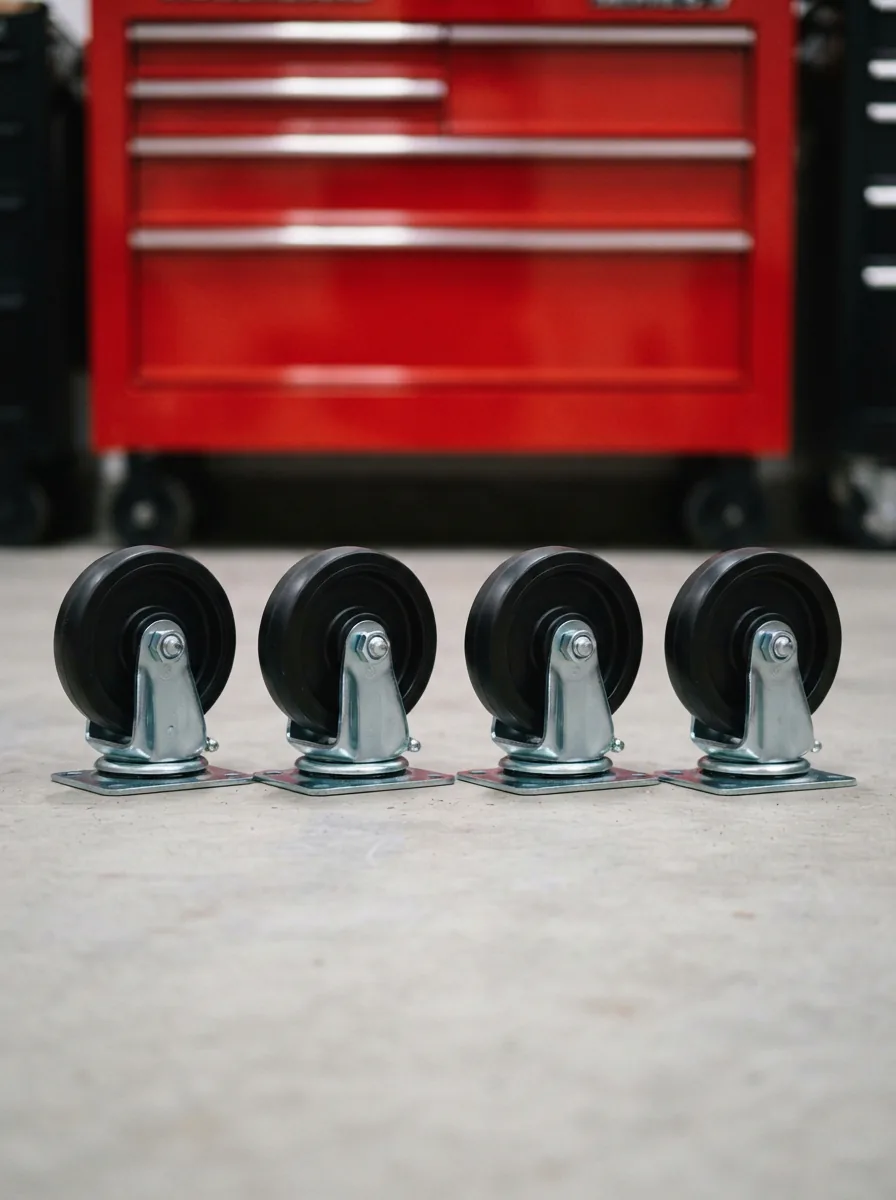 A complete set of four heavy-duty swivel casters with polyurethane wheels arranged in front of a red US General Series 3 roll cabinet on a garage floor.
