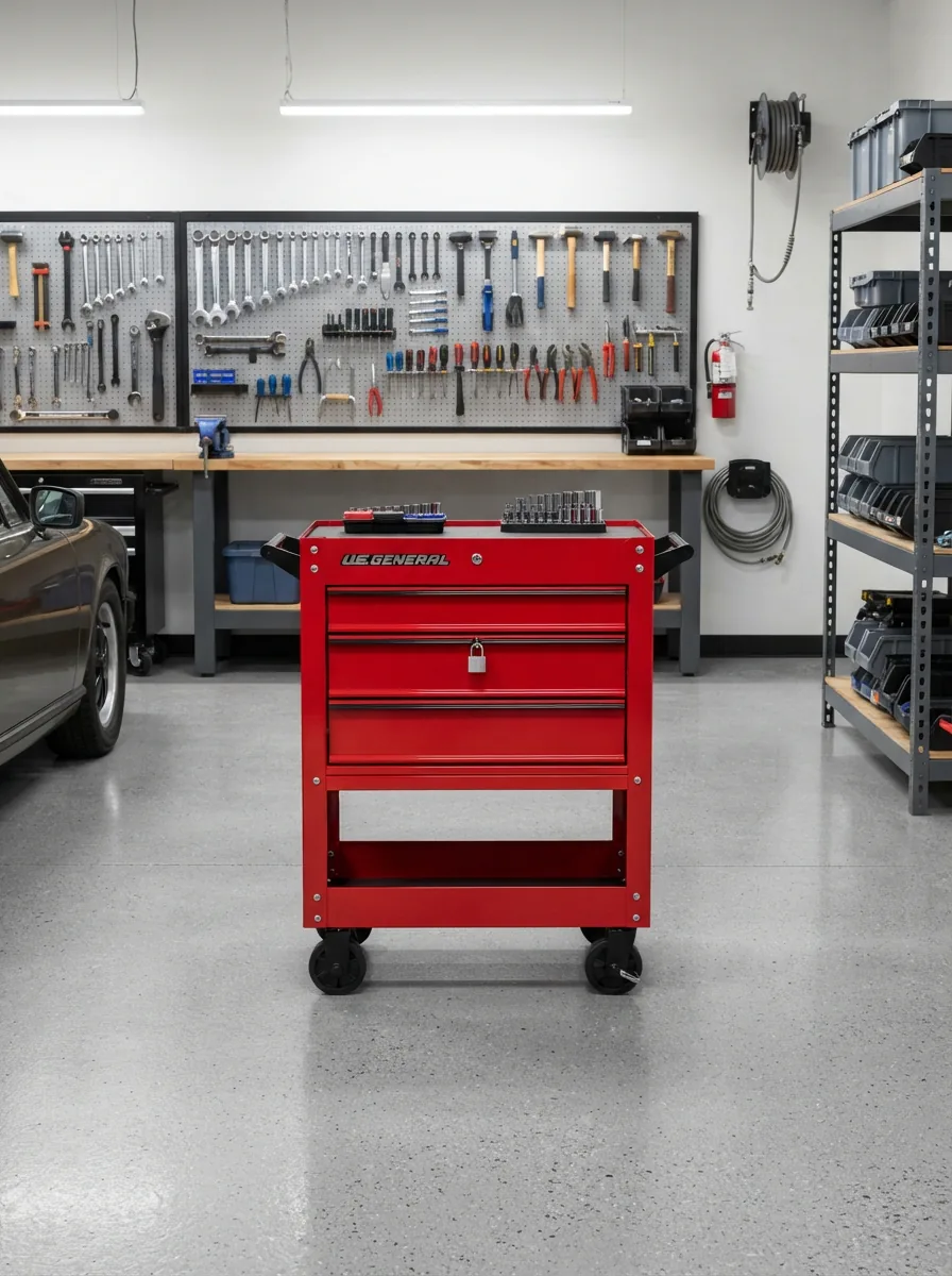 A well-organized US General tool cart with secure, closed drawers in a professional garage setting.