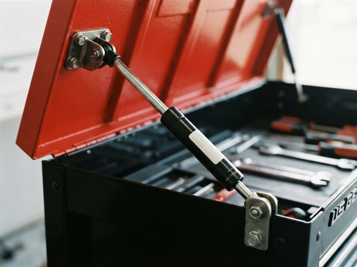 A US General Series 2 lift support gas spring extended from its mounting point on a tool box lid, demonstrating its role in providing stable support.