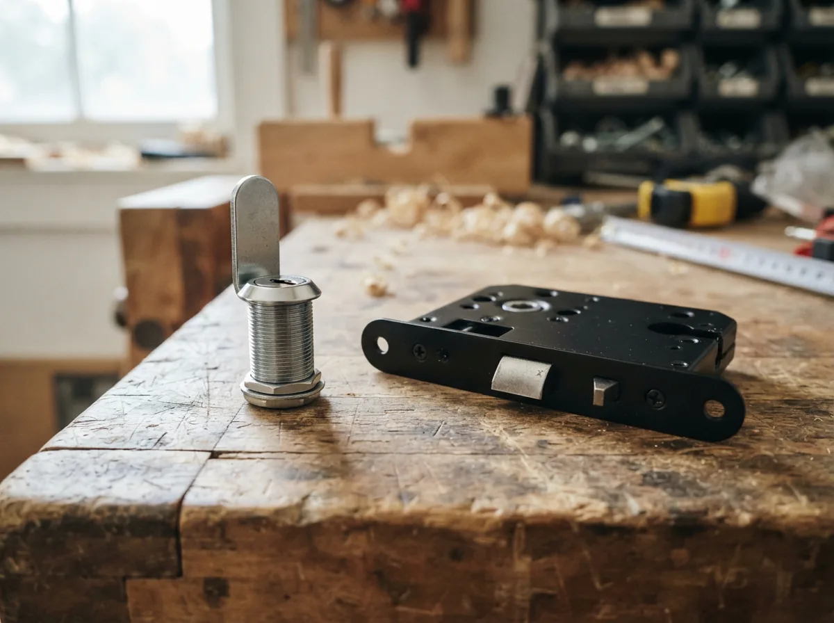 A side-by-side comparison of a simple cylindrical lock and a flat mortise lock on a workbench.