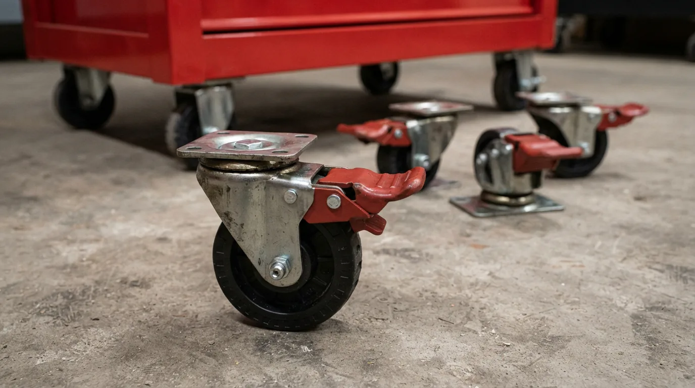 The US General Series 3 Locking Caster Upgrade set, highlighting the foot brake mechanism on one caster.