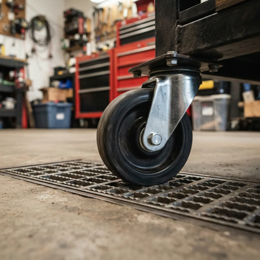 A close-up of a smooth-rolling polyurethane wheel on a tool cart passing over a metal floor grate without issue.