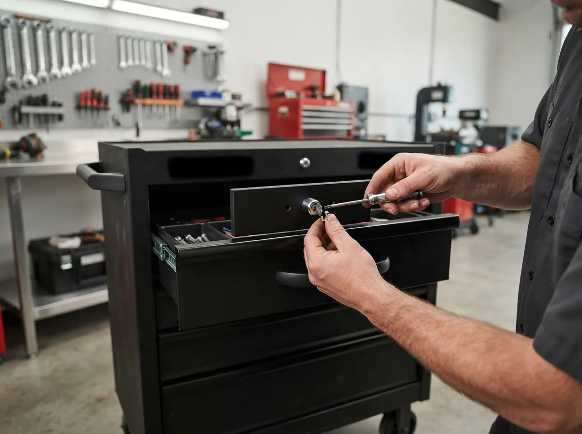 A person installing a new lock mechanism into a drawer on a metal tool chest.