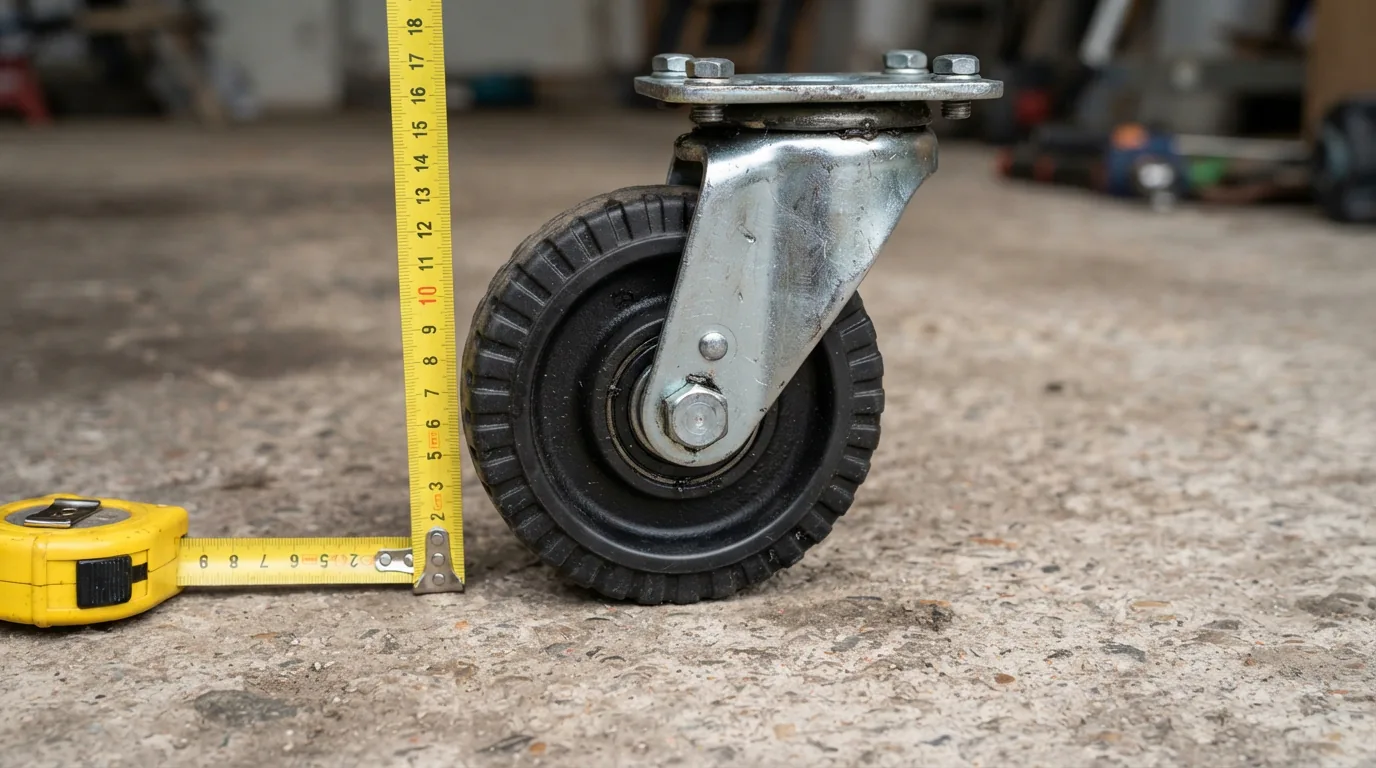 A replacement caster wheel for a tool cart shown next to a tape measure.