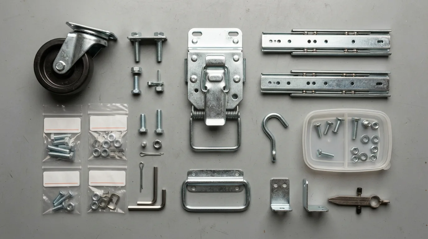 An assortment of U.S. General replacement parts laid out on a clean workbench, including hardware and functional components for tool box maintenance.