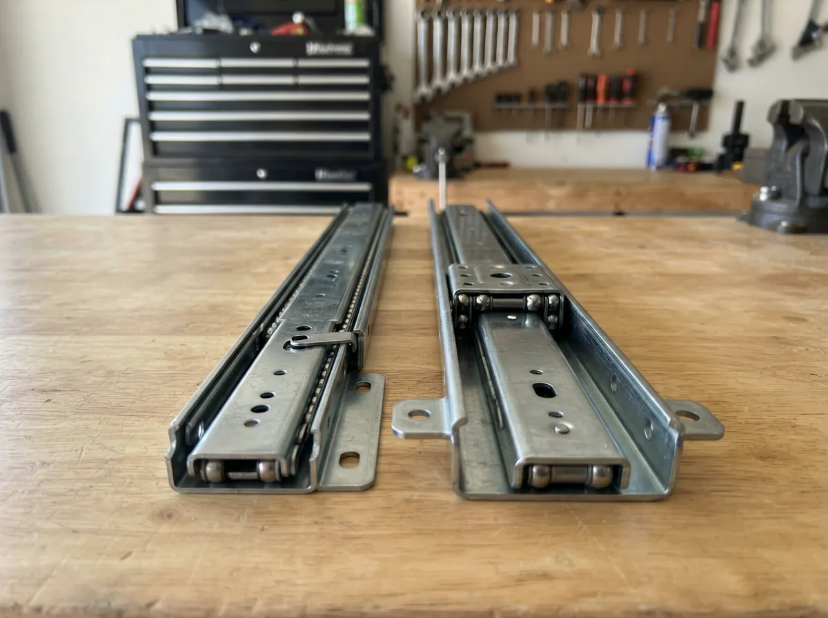 Close-up comparison of a 150 lb and 200 lb rated drawer slide side by side on a workbench.