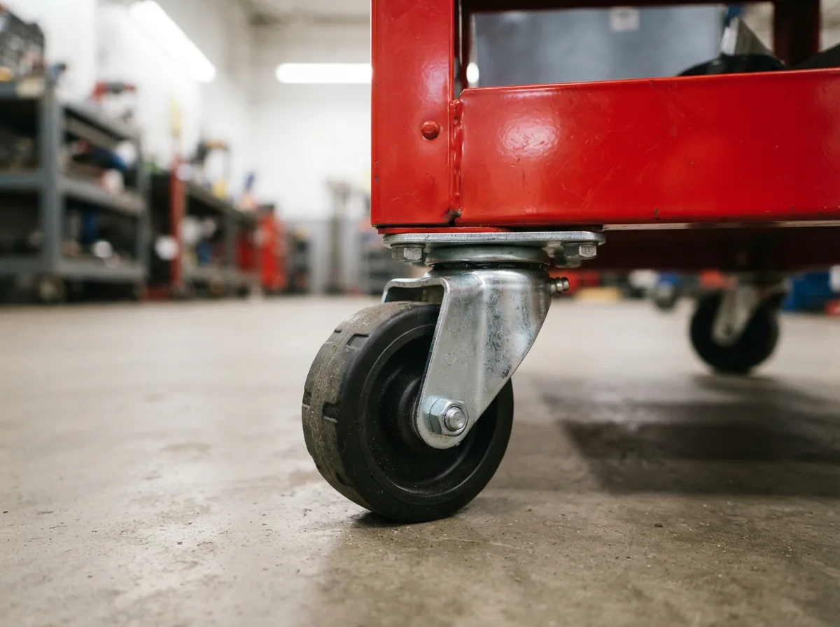 A close-up view of a heavy-duty swivel caster with a black polyurethane wheel attached to the corner of a red tool cart on a concrete floor.