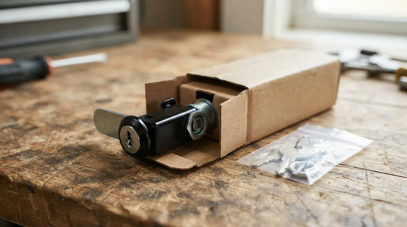 A black toolbox drawer lock mechanism shown in its packaging.