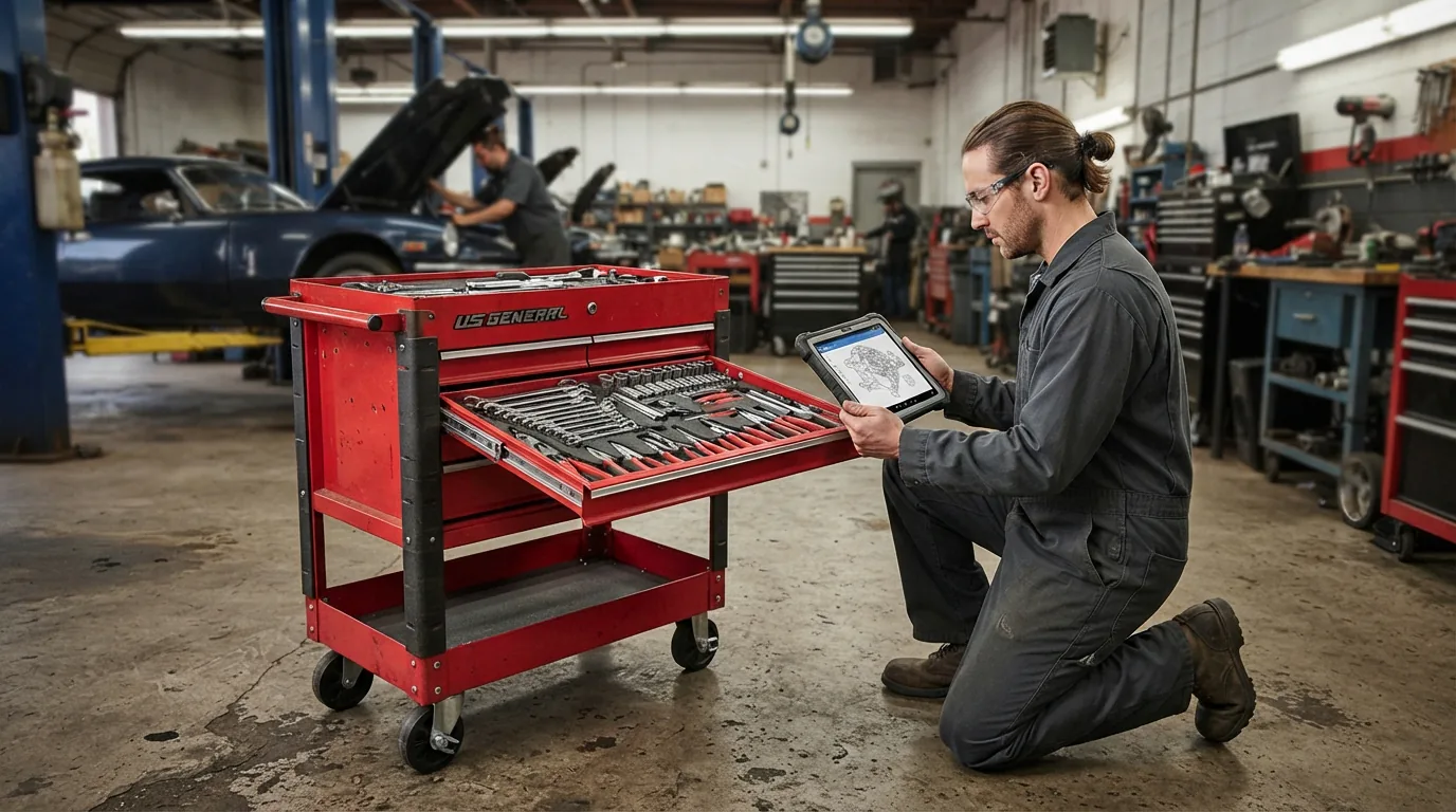 A mechanic consulting a parts diagram on a tablet while kneeling next to a US General tool cart.