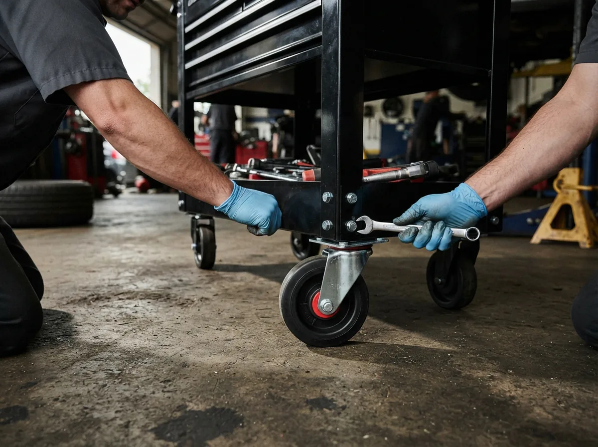 A person attaching a replacement wheel to the base of a loaded tool cart.