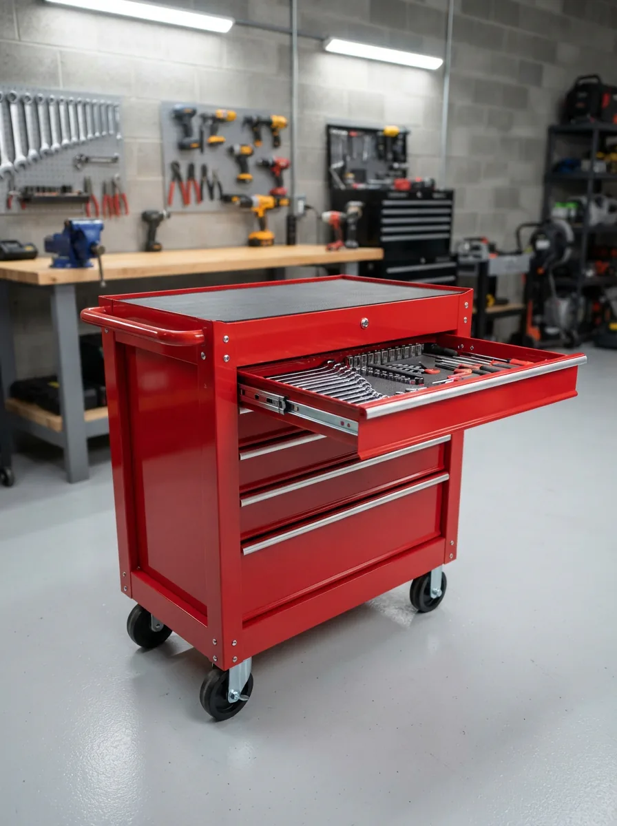 A well-organized US General tool cart in a professional garage, with a drawer partially open showing smoothly operating ball-bearing slides, highlighting the brand's robust construction.