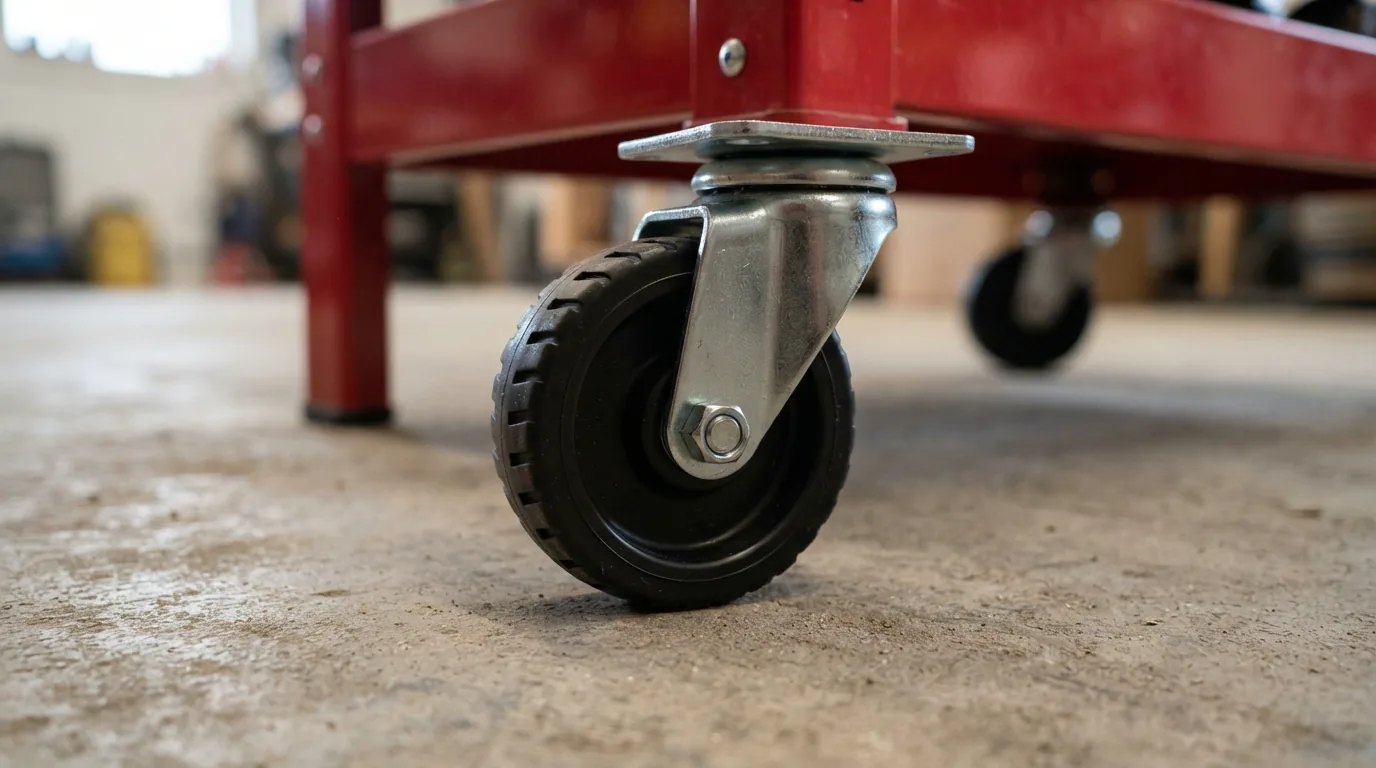 A single 5-inch TPR swivel caster for a tool cart, shown against a neutral workshop background.